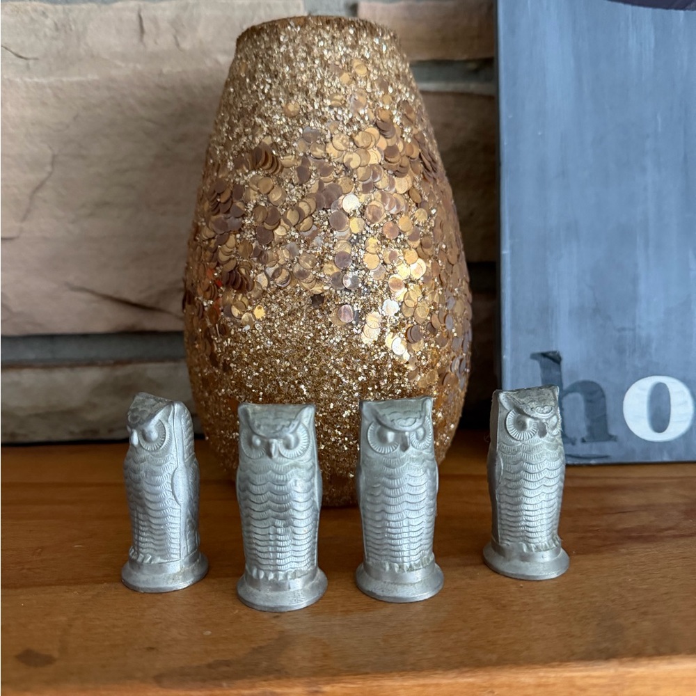 Vintage Pewter Owl Figurines • Set of 4 Salt Shakers • Made in Japan